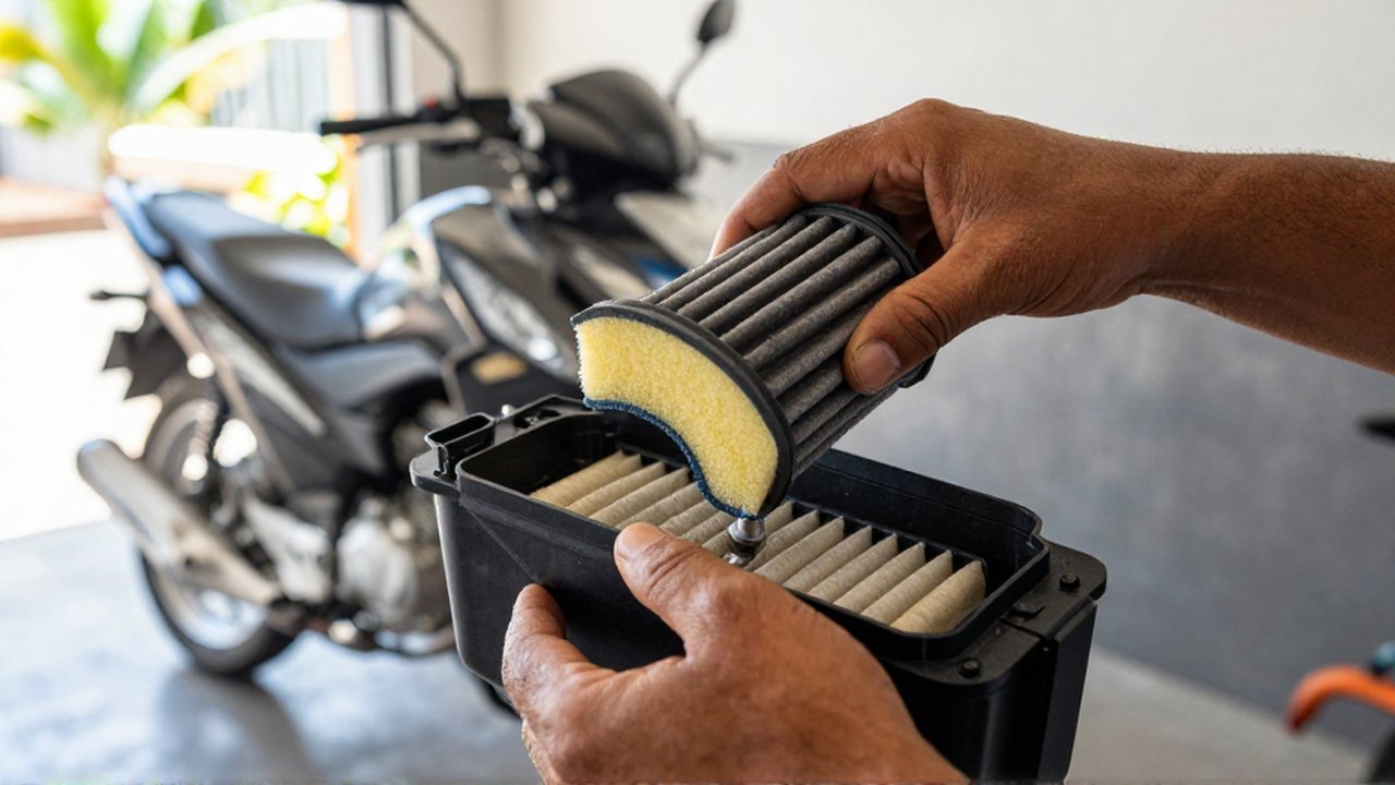 A mechanic's hands carefully place a clean sponge air filter into a motorcycle airbox.