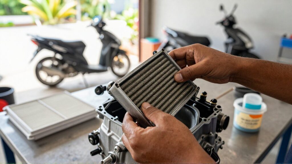 A mechanic's hands lift a dirty foam motorcycle air filter from a clean engine housing.