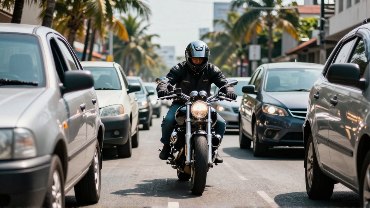 A motorcyclist in professional gear maneuvers a sleek bike through a narrow gap in urban traffic.