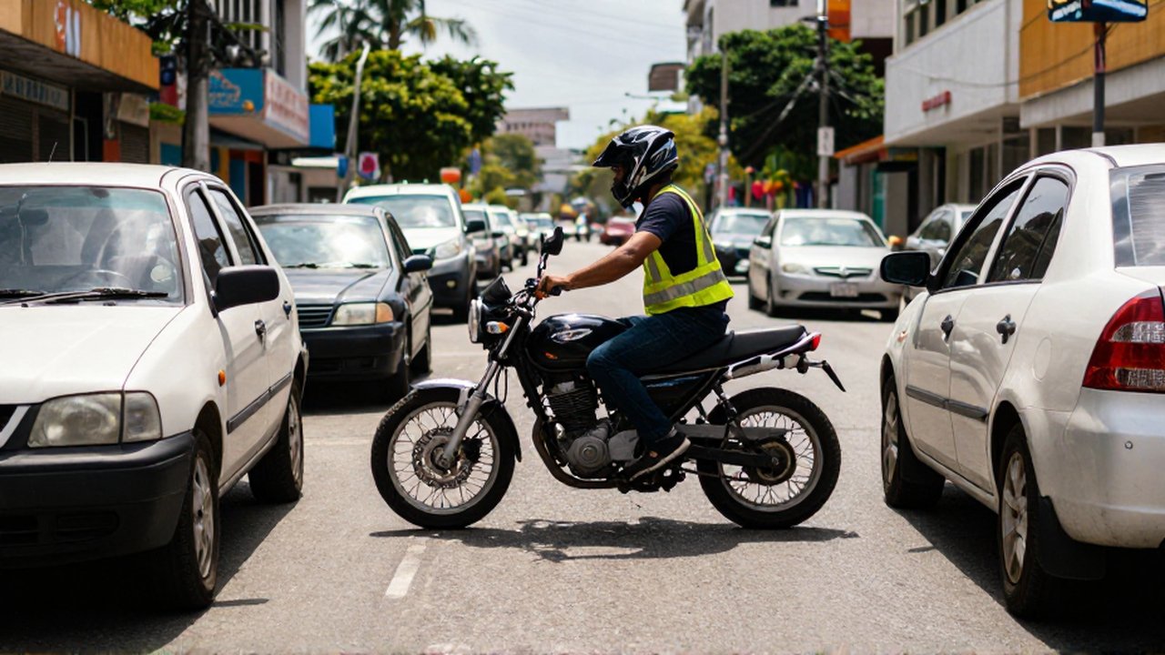 A motorcyclist in high-visibility gear carefully lanes splits between two stalled cars on a busy tropical street.