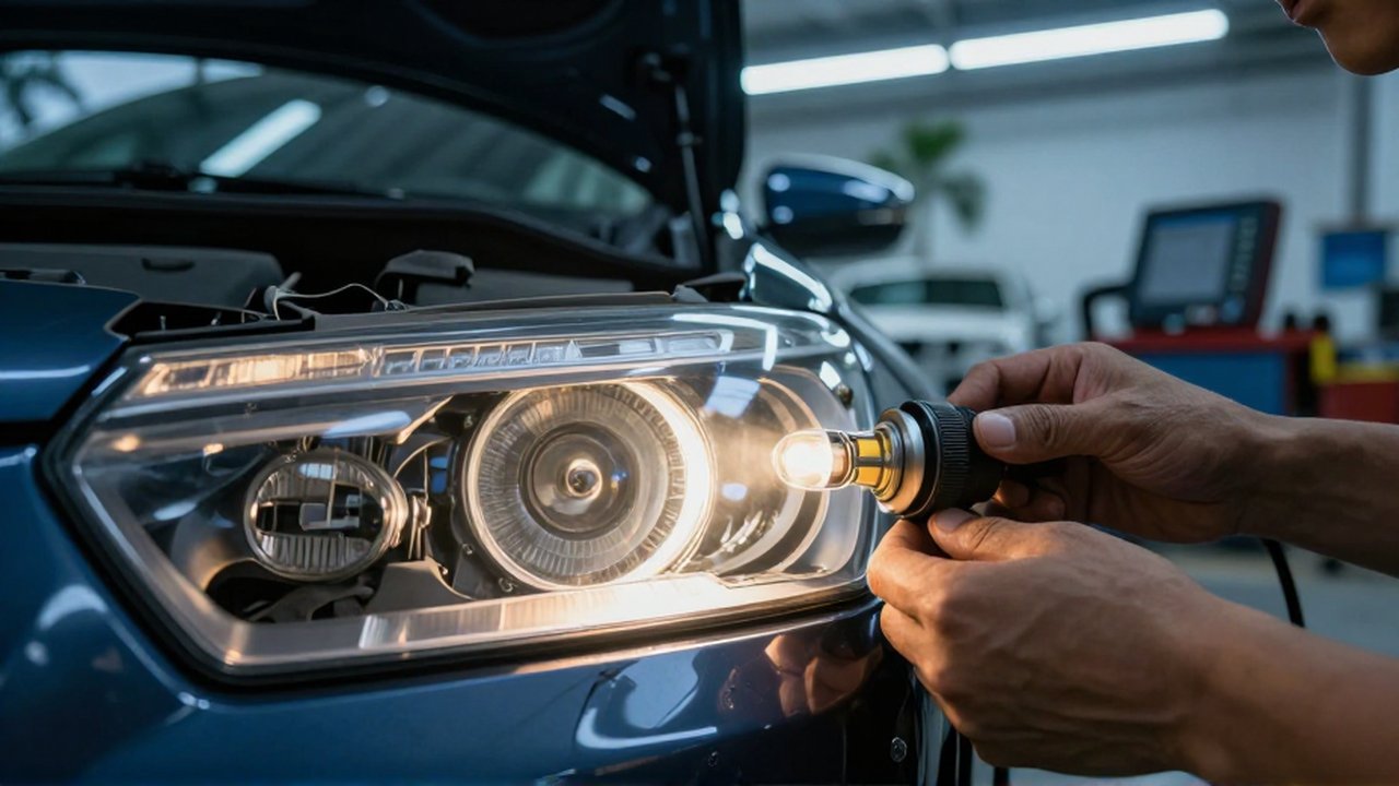 A mechanic's hands test a flickering, dim yellowish headlight in a well-lit automotive workshop.