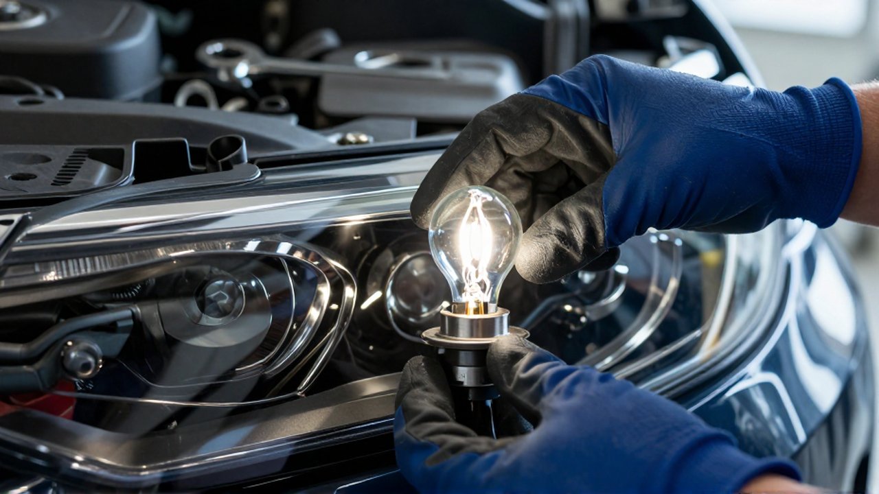 A mechanic's gloved hands inspect a glowing halogen bulb inside a car's headlight assembly.