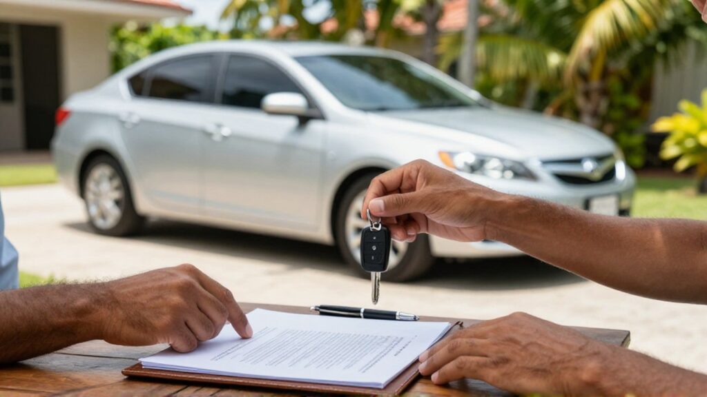 One person hands car keys and legal documents to another during a vehicle ownership transfer.
