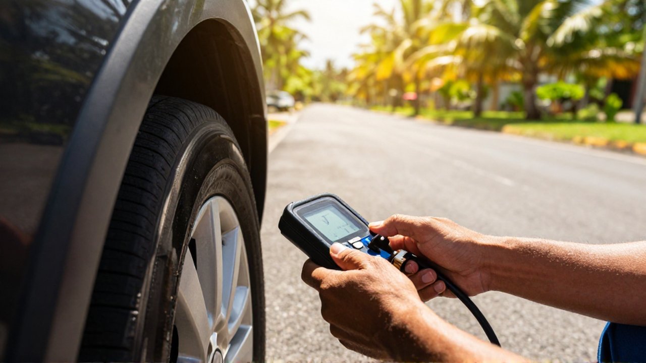 A mechanic uses a digital gauge to check the pressure of a car tire on a sunny tropical road.