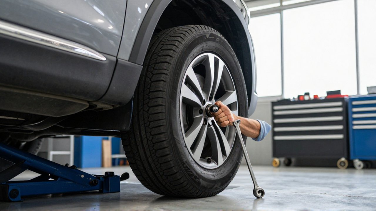 A mechanic uses a wrench on an SUV's lug nuts during a tire rotation in a bright workshop.