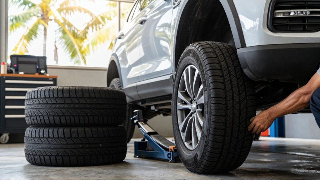 A mechanic in a sunlit workshop uses a hydraulic jack to lift an SUV for a tire rotation.
