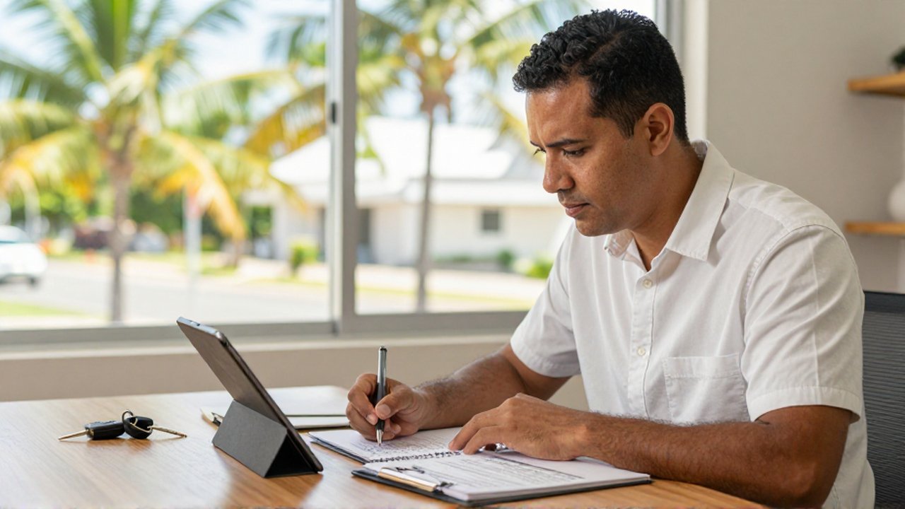 A man sits at a desk in a bright office, calculating numbers on a notepad next to car keys and a vehicle report.