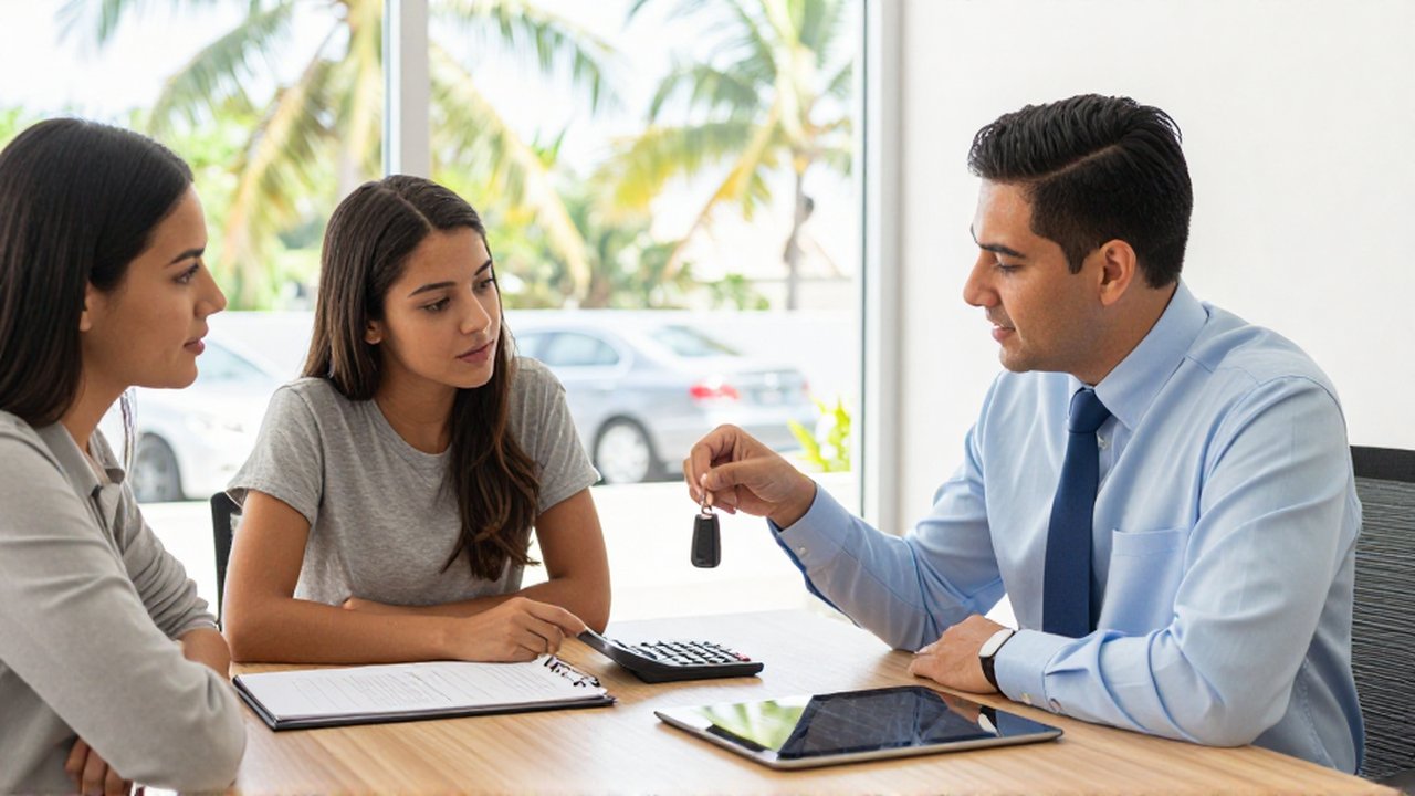A financial advisor points to a calculator and car keys while explaining loan options to a young couple in a bright office.