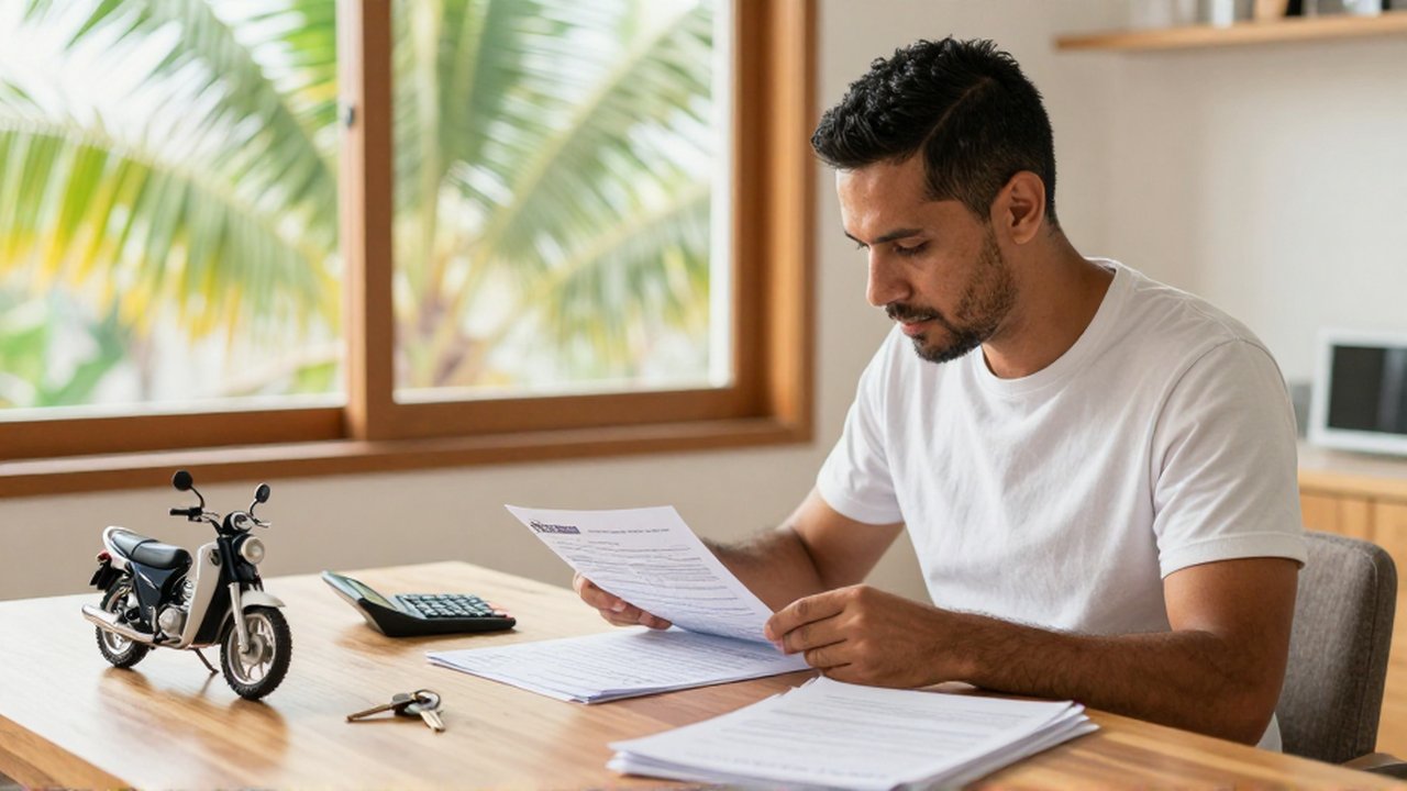 A man reviews vehicle registration documents and uses a calculator at a sunlit desk.