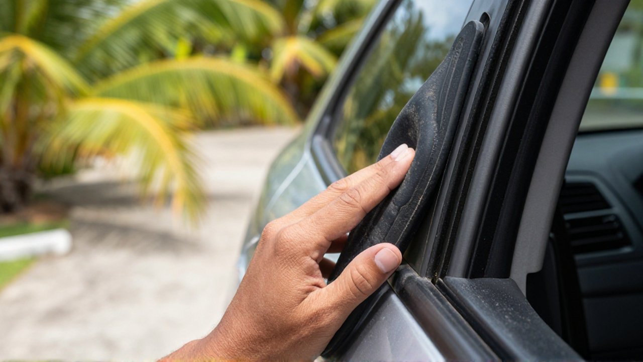 A hand presses against a black rubber door seal on a car for inspection.