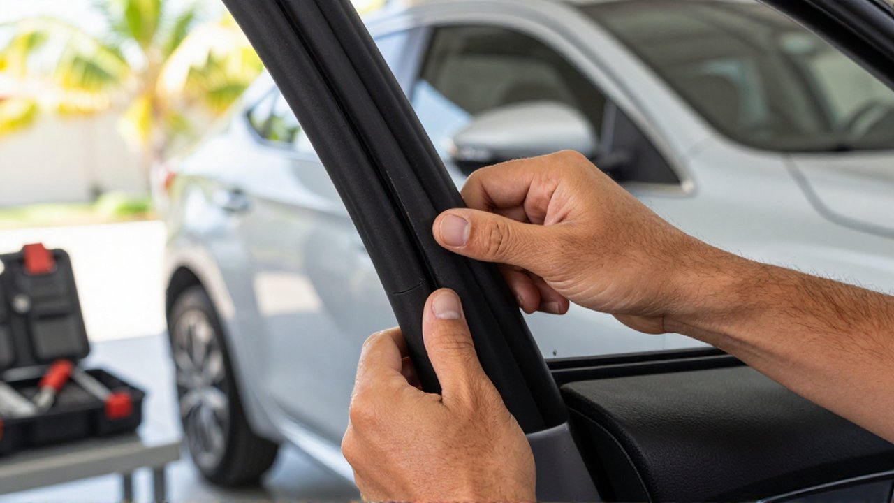 A person's hands press against a thick black rubber door seal on a silver car to inspect its condition.