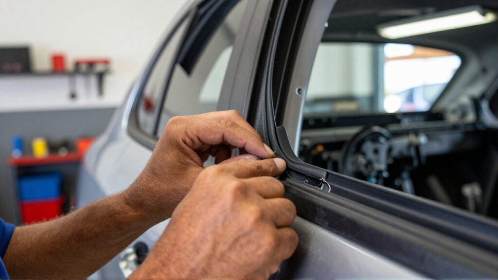A mechanic's hands press against a black rubber door seal to inspect it for damage.