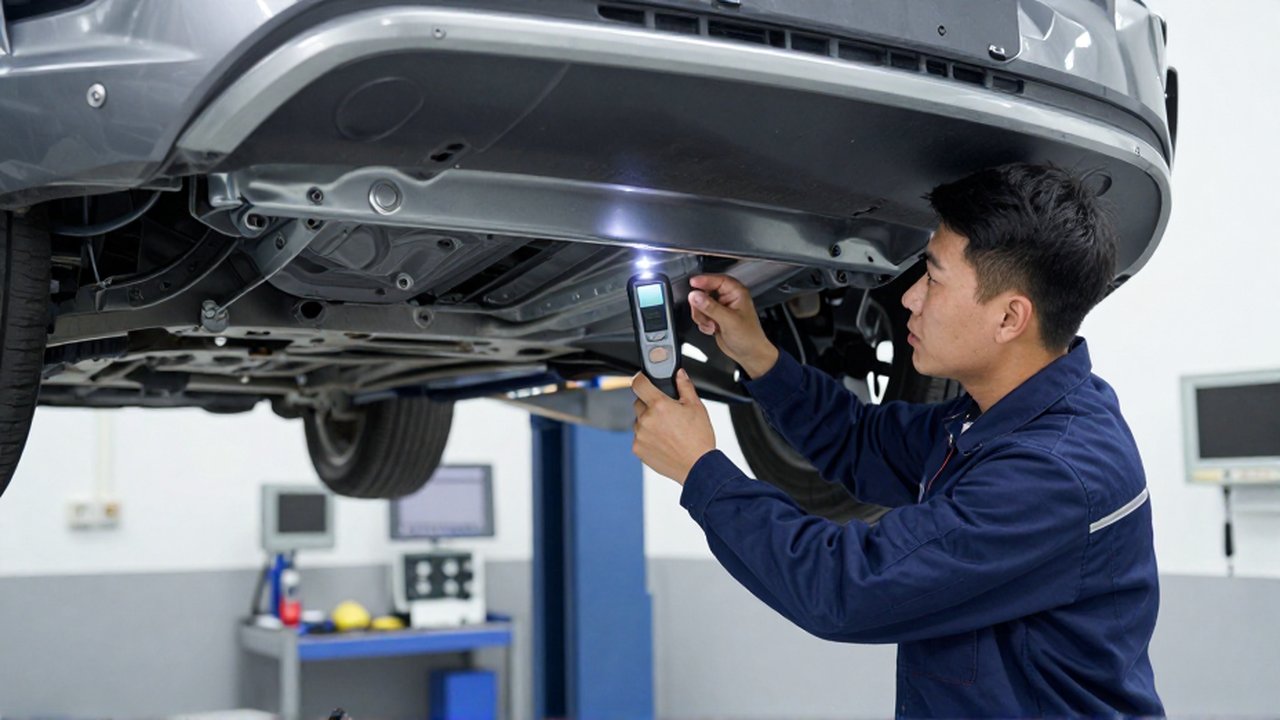 An automotive technician uses a digital laser tool to inspect a silver sedan's frame in a professional workshop.