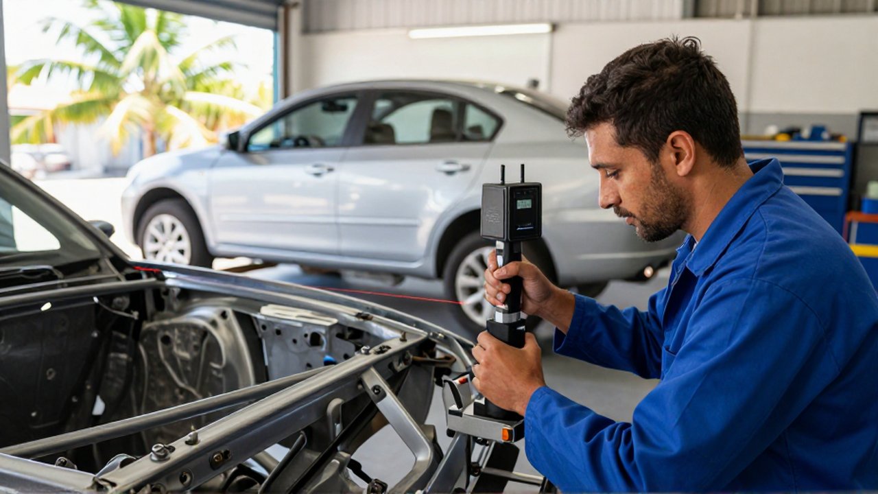 An automotive technician uses a red laser alignment tool to inspect a car's chassis in a workshop.