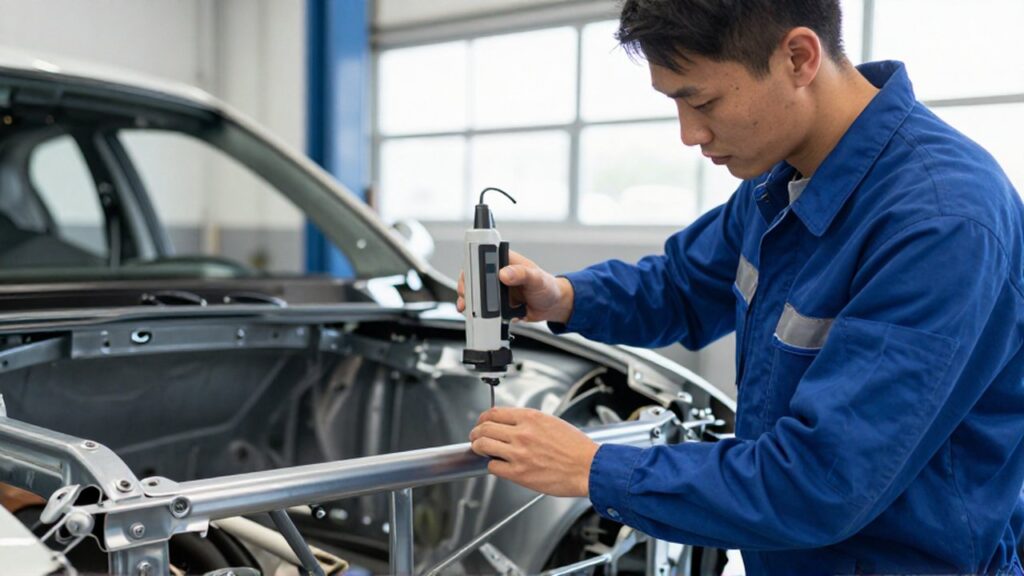 A professional technician uses a digital laser tool to inspect a car's chassis inside a workshop.