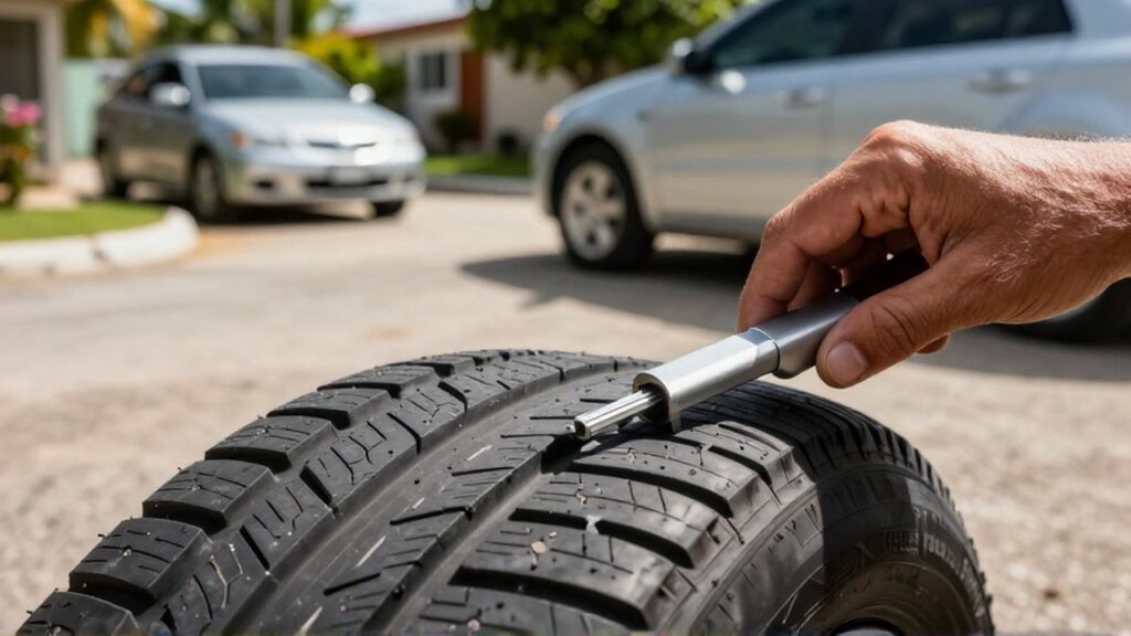 A person uses a metal gauge to measure the tread depth of a car tire.