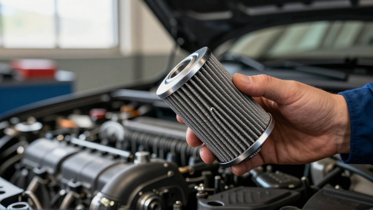 A mechanic's hand inspects a metallic oil filter near an engine in a workshop.