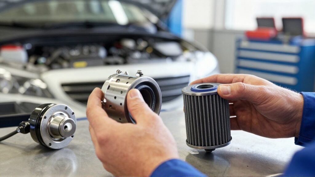 A mechanic's hands inspect a new metallic oil filter on a professional workbench in a garage.