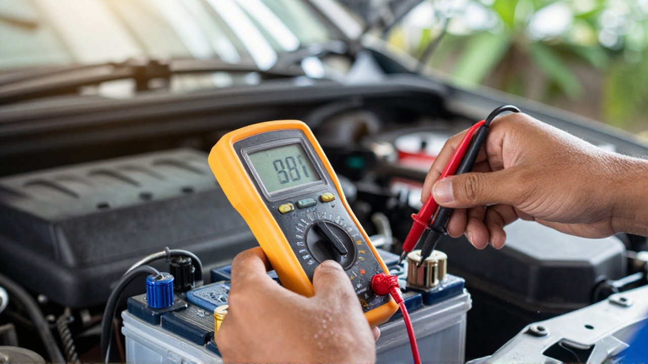 A mechanic uses a digital multimeter to test the voltage of a car battery in an engine bay.