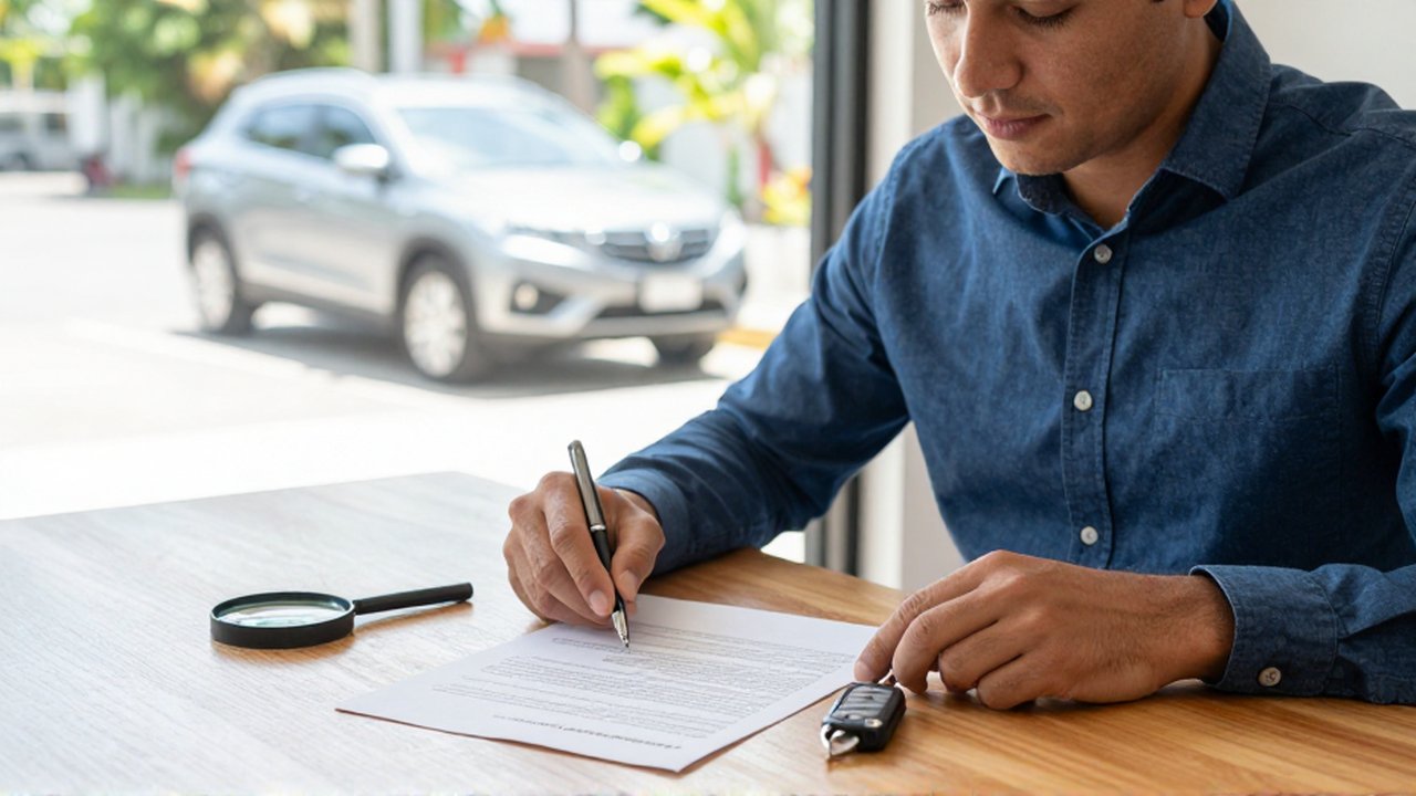 A man reviews a contract and car keys at a wooden table in a bright office.