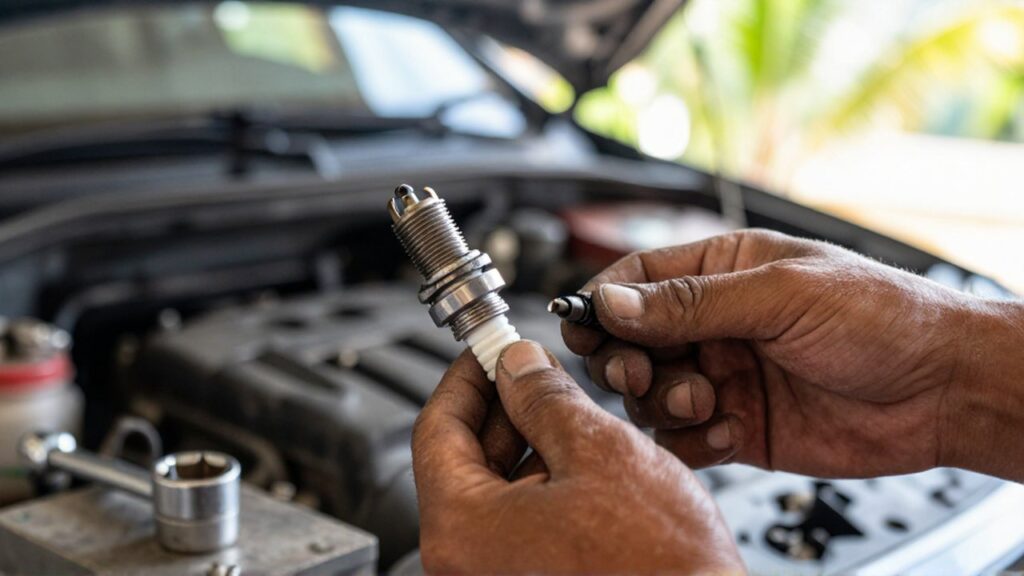 A mechanic's hands inspect a fouled
