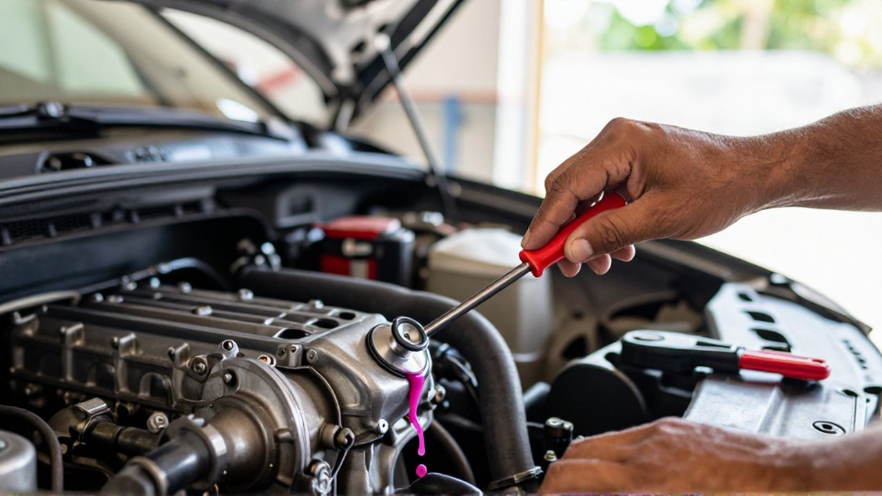 A mechanic uses a long screwdriver against an engine block to listen for mechanical noises.