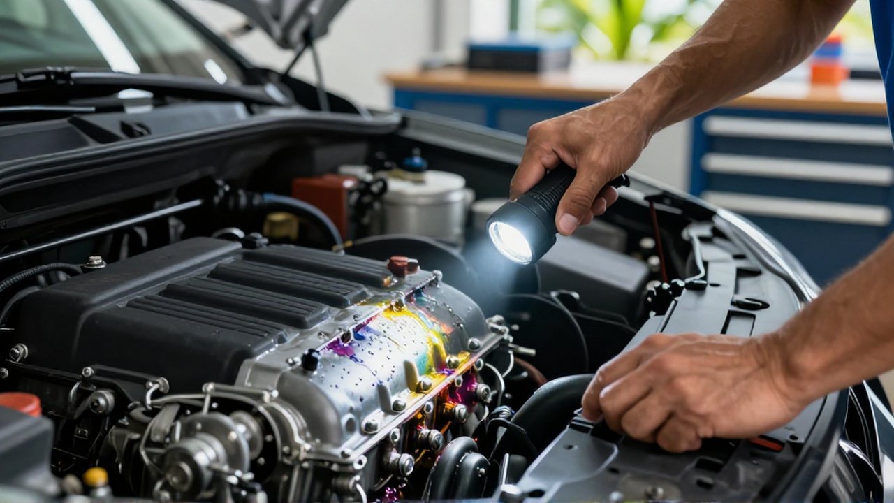 A mechanic uses an LED flashlight to inspect a coolant leak near a car's water pump.