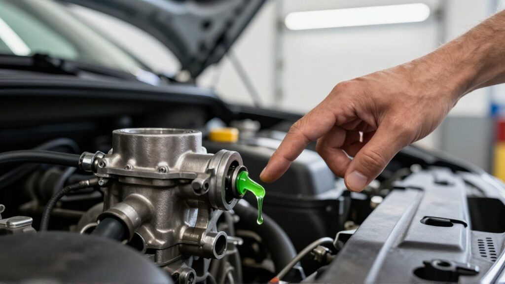 A mechanic's hand points to bright green coolant dripping from a leaking engine water pump.