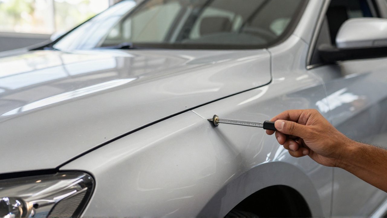 A mechanic uses a precision tool to inspect the panel gap of a silver car.