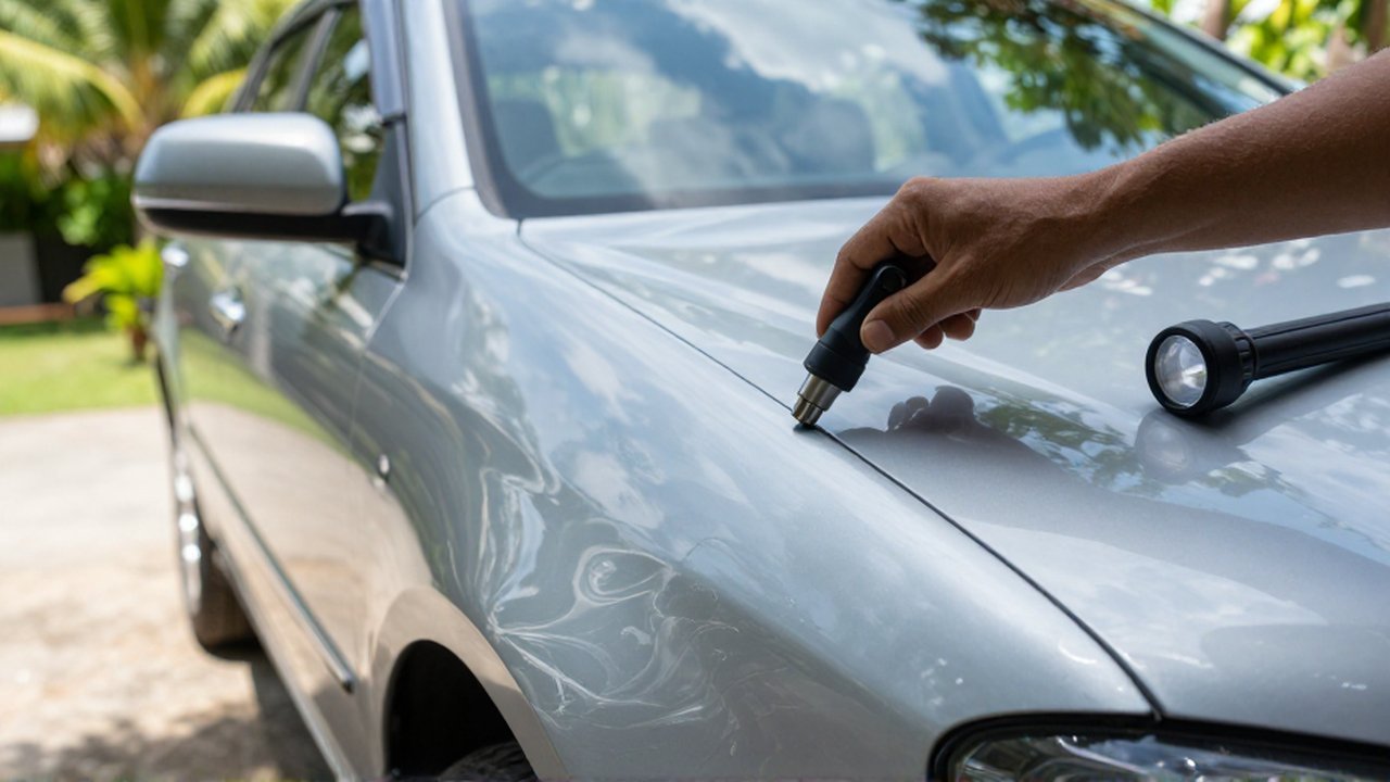 A person uses a magnetic tool to inspect a silver car fender for bodywork repairs.