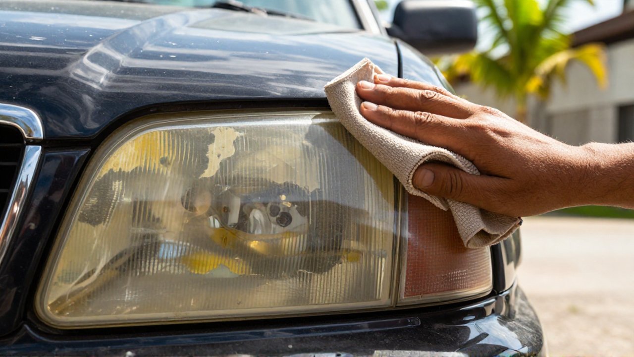 A mechanic wipes a microfiber cloth across a heavily oxidized, cloudy car headlight lens.