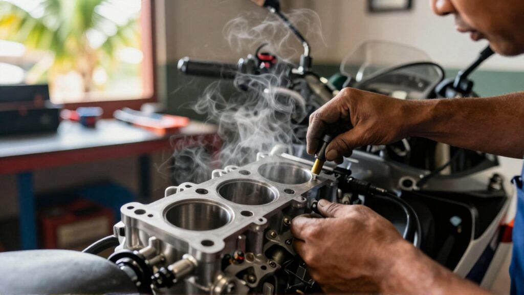 A mechanic's hands inspect a motorcycle engine as faint steam rises from the overheating cylinder head.