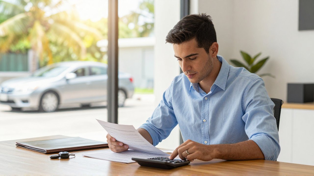 A focused Dominican man reviews financial documents and car keys at a bright wooden desk.