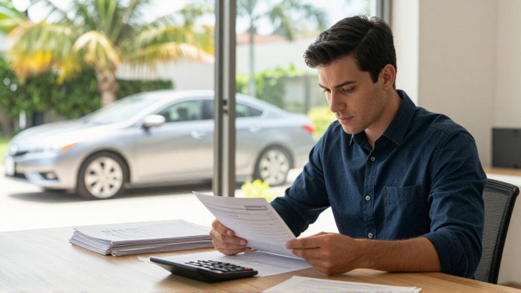 A focused young professional reviews financial documents at a desk