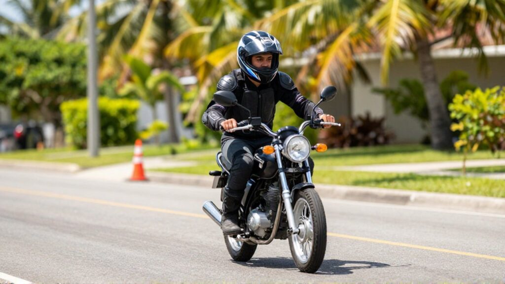 A focused rider in protective gear practices slow-speed motorcycle maneuvers on a tropical paved road.