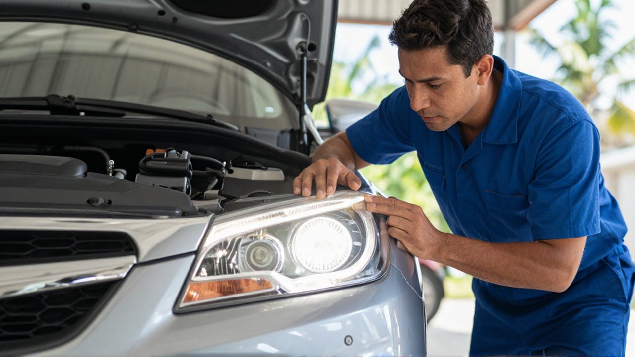 A mechanic in a clean uniform inspects a modern car's illuminated LED headlight in a bright garage.