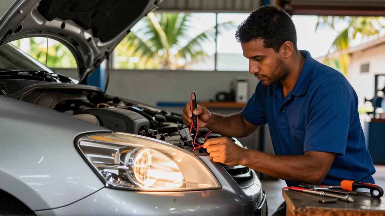 A mechanic uses a multimeter to inspect the headlight electrical connections of a silver sedan.