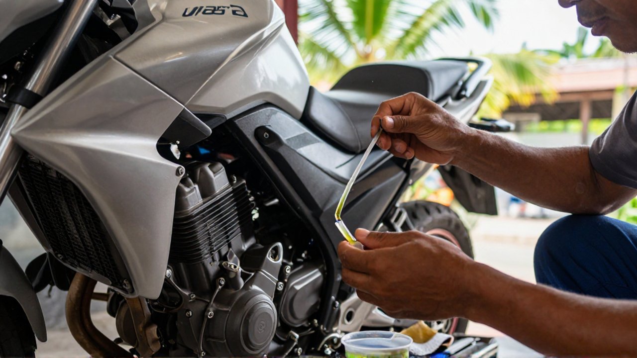 A mechanic uses a translucent dipstick to check the oil level on a motorcycle engine.