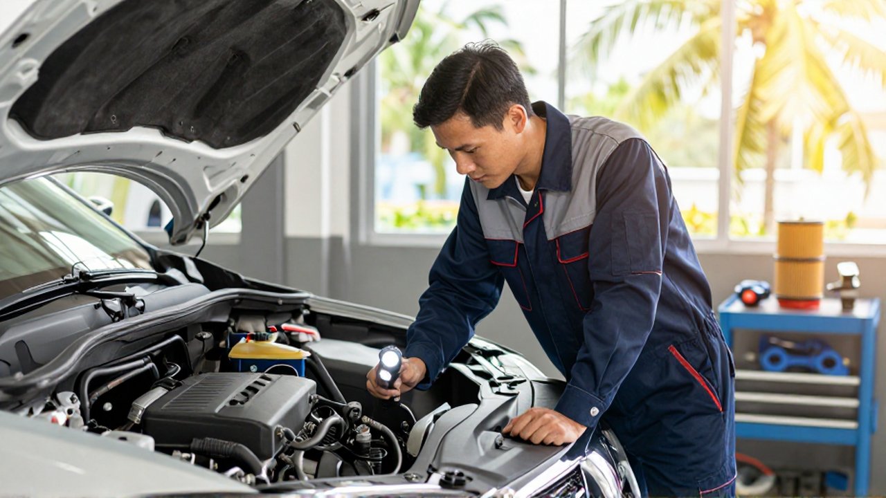 A male mechanic uses a flashlight to inspect a modern SUV engine in a bright workshop.