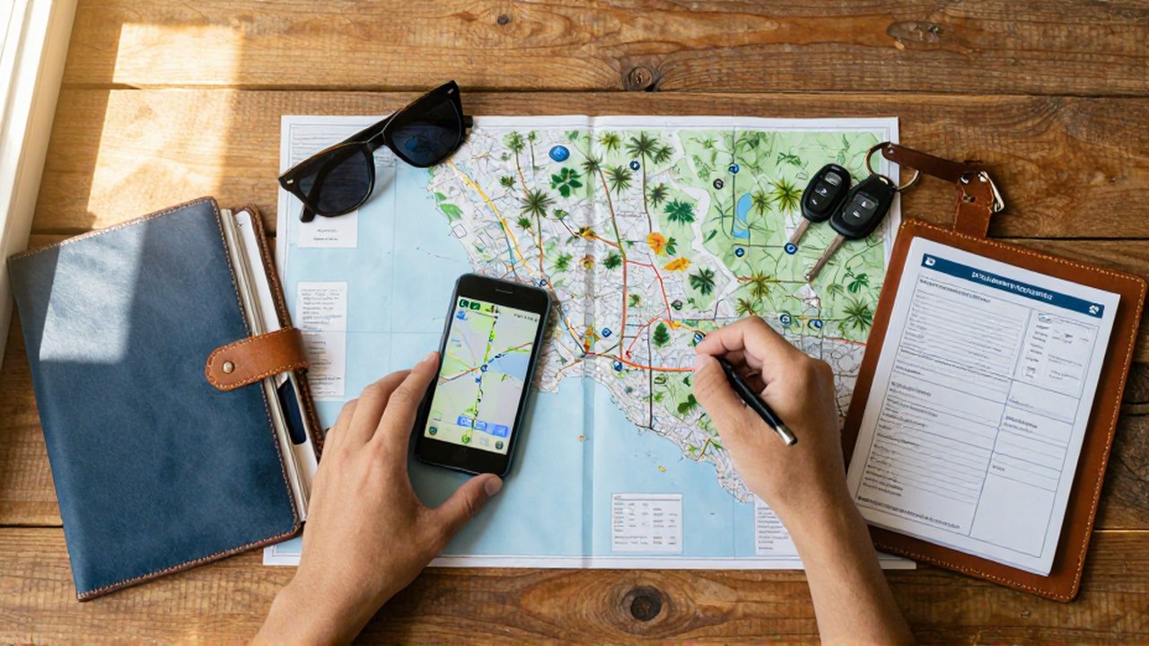 Hands organize a travel itinerary with a map, smartphone, and vehicle documents on a wooden table.