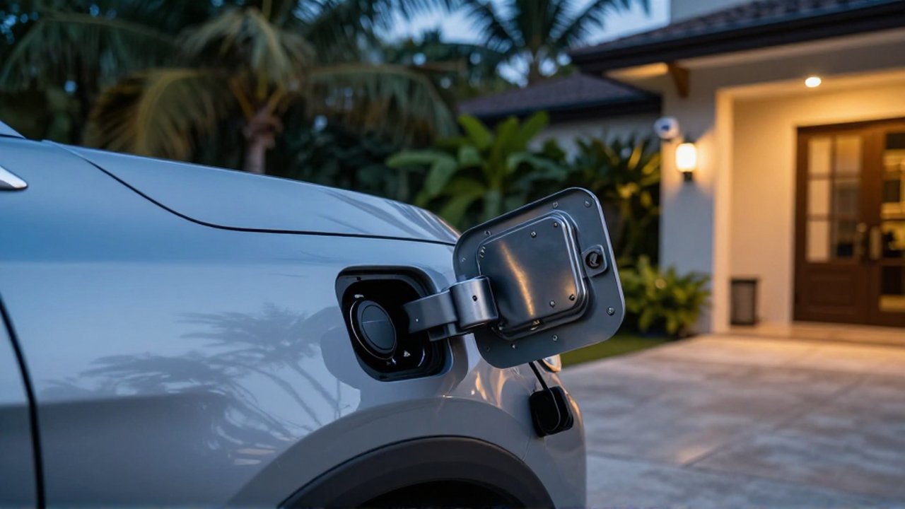 A heavy-duty metal fuel cap is being tightened onto a silver SUV in a residential driveway.