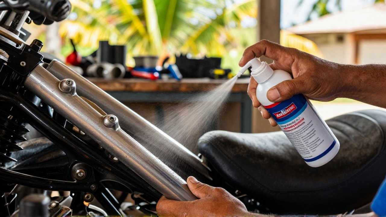 A mechanic applies a clear anti-corrosion spray to a polished motorcycle engine in a sunlit workshop.