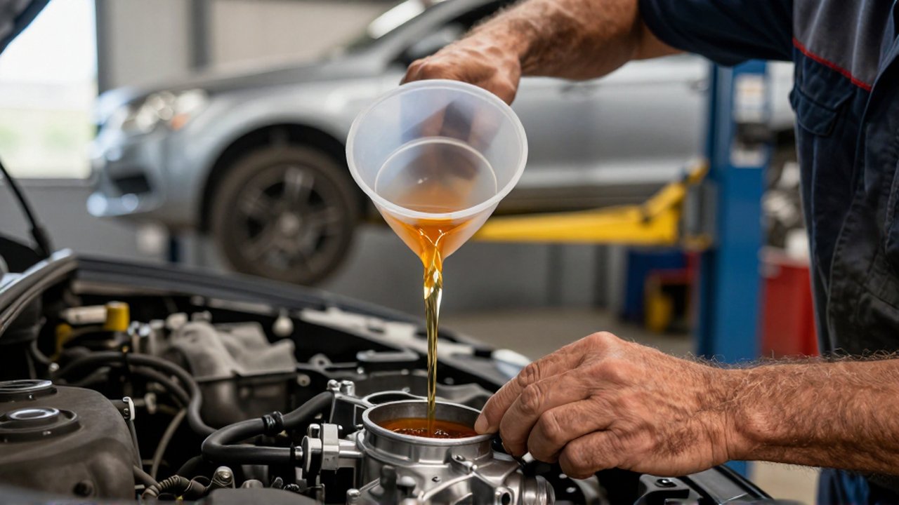 A mechanic pours bright amber transmission fluid through a funnel into a vehicle's gearbox.