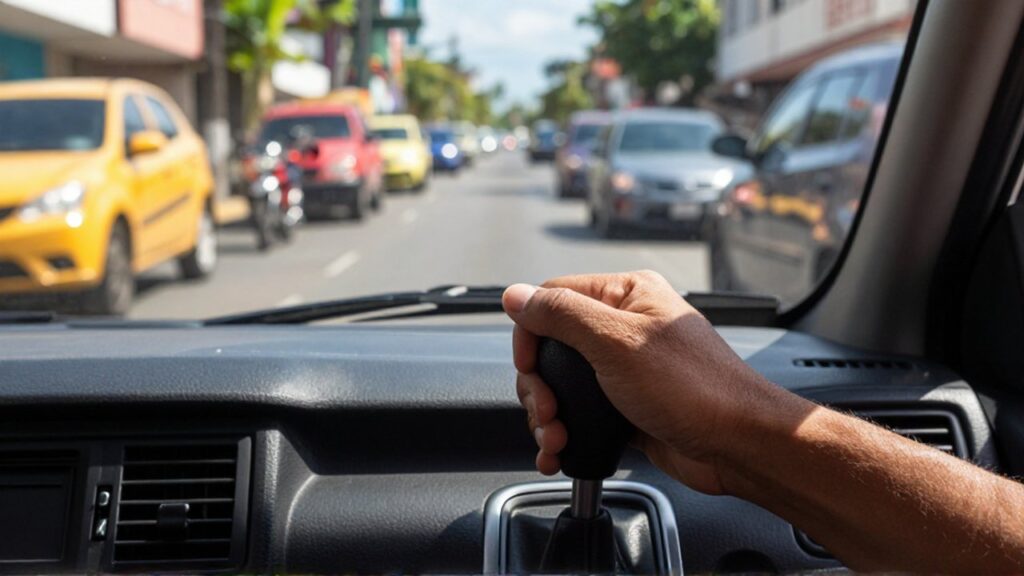 A driver's hand grips a gear shifter amidst heavy