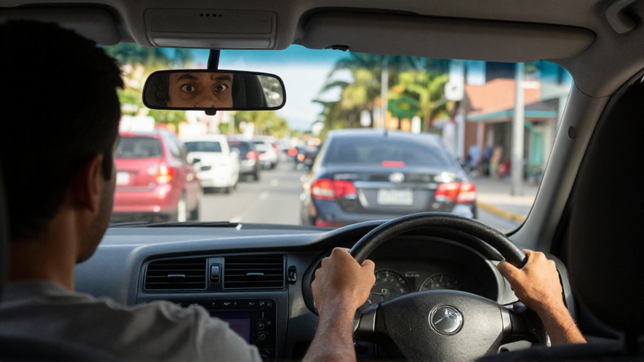 A nervous driver glances in the rearview mirror at a vehicle tailgating them on a sunny street.