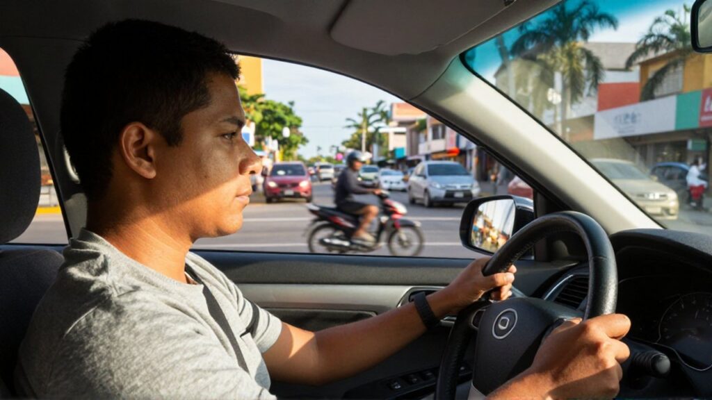 A calm driver maintains focus behind the wheel amidst chaotic urban traffic in Santo Domingo.