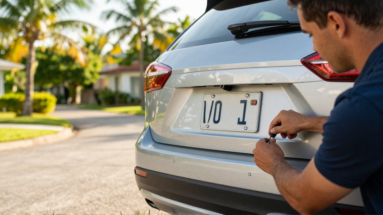 A man tightens a screw to attach a new metal license plate to a silver SUV.