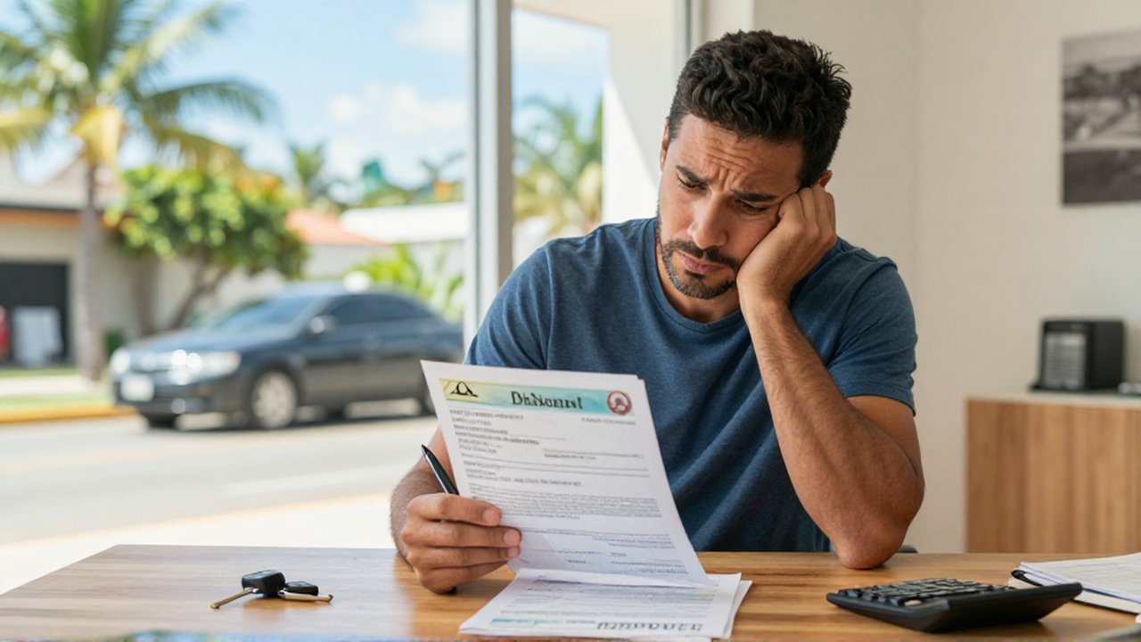 A frustrated man sits at a desk, looking pensively at vehicle registration documents and a license plate.