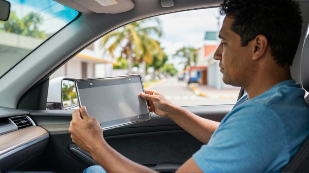 A driver in a modern SUV looks at a new metallic license plate on a sunny Santo Domingo street.