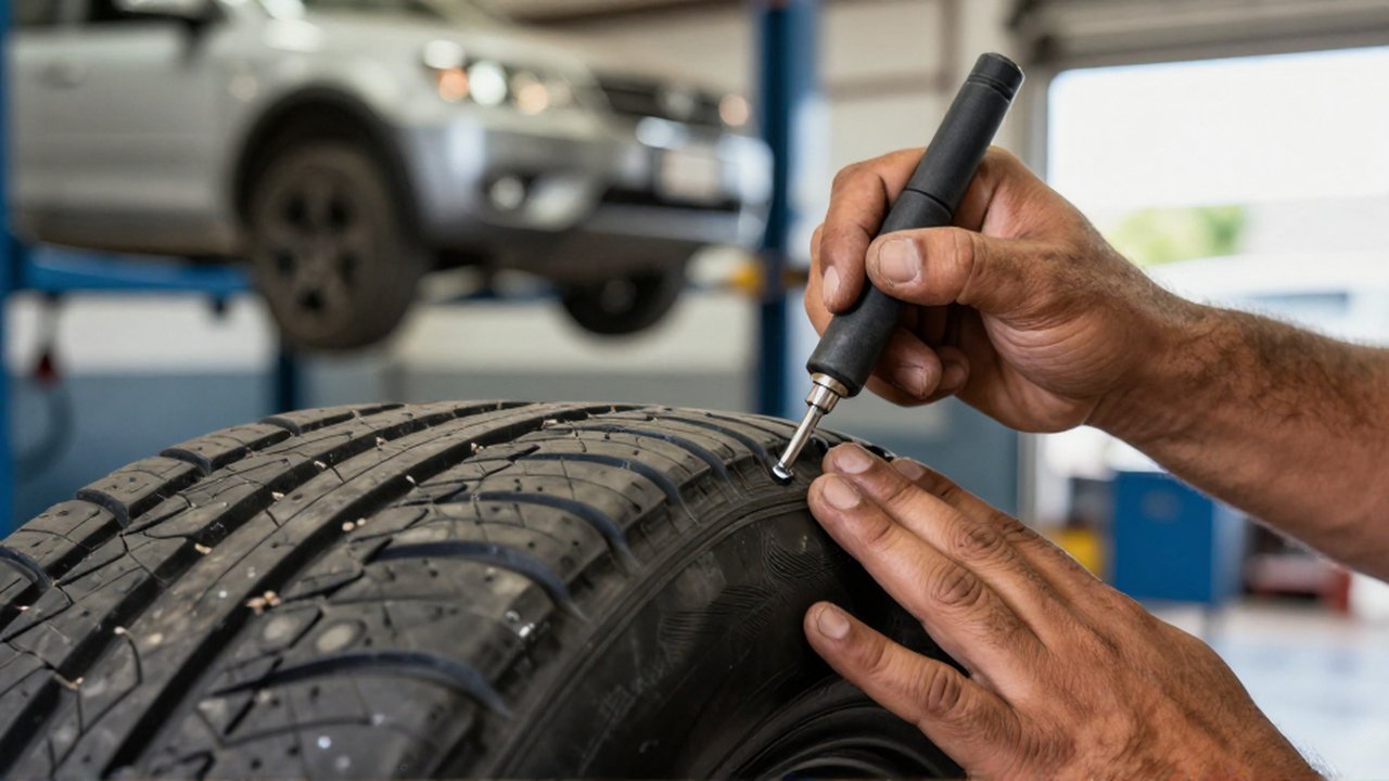 A mechanic's hands use a professional tool to inspect a small puncture in a tire tread.